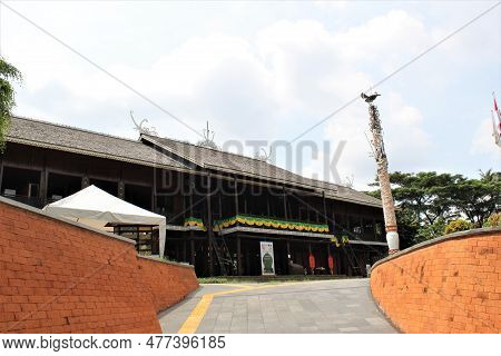 Jakarta, Indonesia-23 April 2023 : Monument Taman Mini Indonesia Indah Anjungan Kalimantan Timur