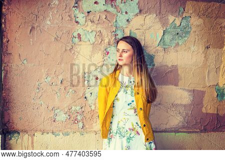 I Missing You, Waiting You In Old Place. A Pretty American Girl Wearing Flower Patterned Underdress,