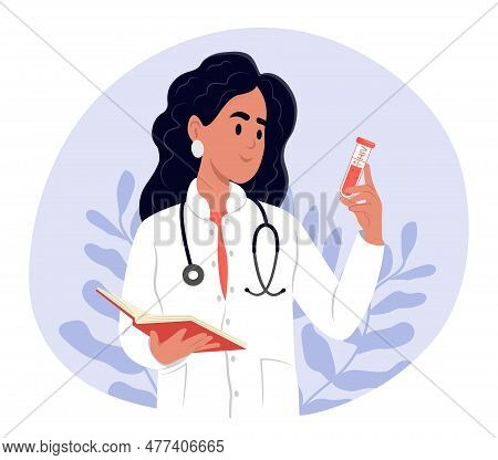 A Young Smiling Female Doctor Holds A Tube With Blood.hiv Testing Day. Laboratory Examination For Hi