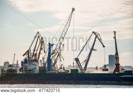 Container Terminal, With Cranes, In A Commercial Port