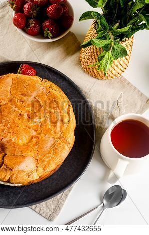 Tasty Sweet Pie Karpatka On Plate For Breackfast. Traditional Polish Cake Karpatka On A Gray Concret