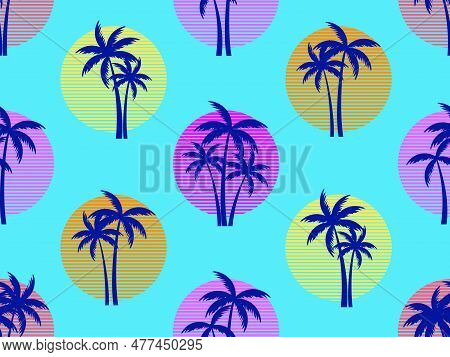 Seamless Pattern With Palm Trees At Sunset 80s Retro Style. Summer Time, Futuristic Sun With Palm Tr
