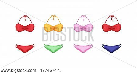 A Set Of Swimsuits. A Separate Swimsuit In Red, Pink, Blue And Yellow Colors. Collection Of Colored 