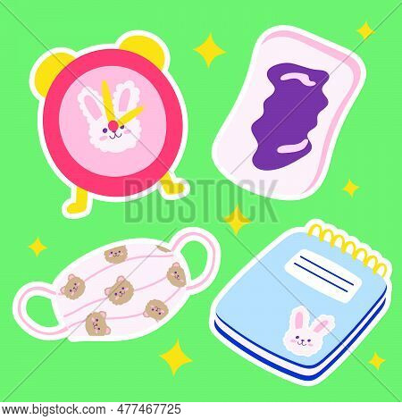 School Stationery Kawaii Sticker Set. Hand Drawn Office Supply Cartoon Doodle Note, Book, Mask, Cloc