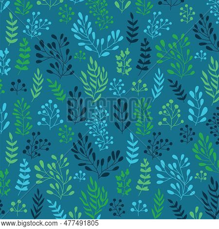 Vector Illustration Of Green, Blue Twigs With Leaves