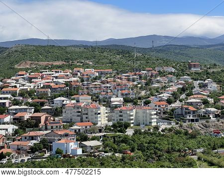 View Of The Town Of Senj In The Kvarner Bay And Residential Houses On The Slopes Of Velebit From Neh