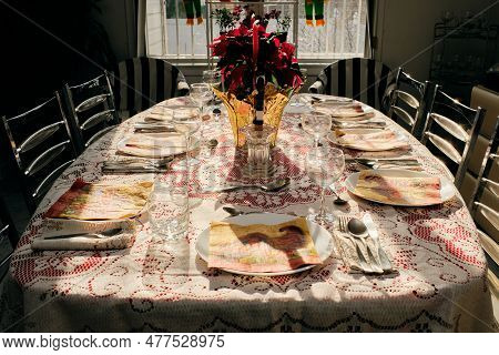 Table Prepared For Thanksgiving Dinner