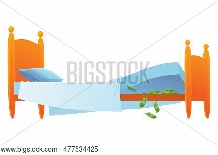 Keep Money Under Bed Mattress. Poor Financial Literacy, Cash Saving, Cartoon Vector Illustration Iso