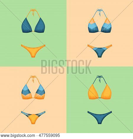 A Set Of Swimsuits. Separate Swimsuit In Blue And Yellow Colors. Collection Of Colored Swimsuits. Cl
