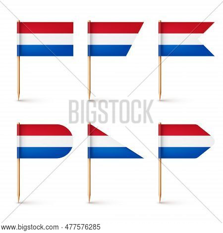 Realistic Various Dutch Toothpick Flags. Souvenir From Netherlands. Wooden Toothpicks With Paper Fla