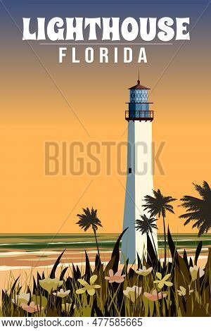 Retro Poster Key West Lighthouse Florida. Palm, Coast, Ocean Vector