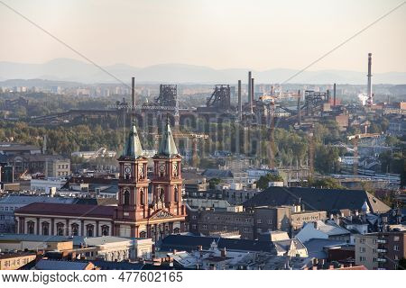Landscape Of Ostrava City And Industrial Vitkovice District With Katedrala Bozskeho Spasitele Cathed