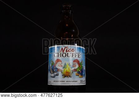 Liege, Belgium - March 21, 2021: Selective Blur On A Macro Shot Of The Bottle Of A Chouffe Beer, A C