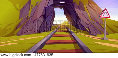 Railway Tunnel, Stone Arch For Train Tracks. Summer Landscape With Railroad Through Mountain And Roa