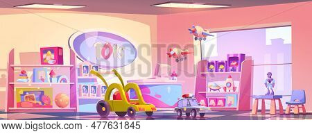 Shop With Kids Toys, Games And Gifts For Children. Cute Store Interior With Dolls And Rockets On She