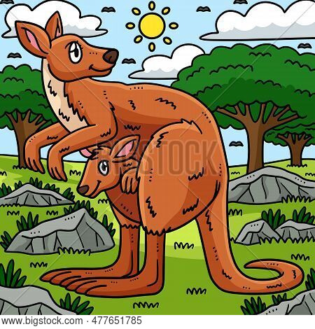 This Cartoon Clipart Shows A Mother Kangaroo And Baby Kangaroo Illustration.
