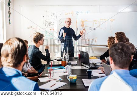 Informal It Business Startup Company Meeting. Team Leader Discussing And Brainstorming New Approache