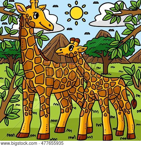 This Cartoon Clipart Shows A Mother Giraffe And Baby Giraffe Illustration.
