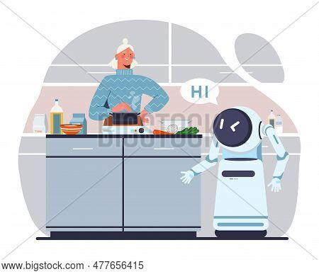 Home Robot Assistant Concept. Woman Prepares Dinner In Kitchen, Robot Helps. Artificial Intelligence