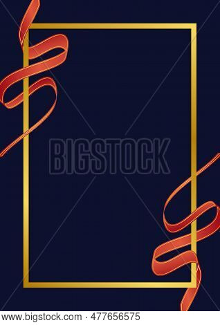 Plain Brochure Design In Blue Color With Gold Colored Lines And Red Colored Ribbon