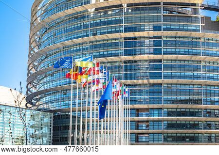 European Countries Flags In Front Of European Parliament Building In Strasbourg View, Alsace Region 
