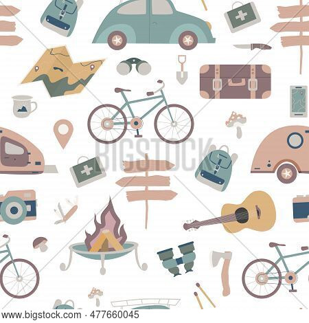 Hiking And Camping Seamless Pattern With Travel Elements. Seamless Pattern For Design, Posters, Back