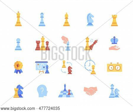 Chess Icons Set. Tactical Strategy Game With Chess Pieces And Players. Checkmate On Chessboard. Colo