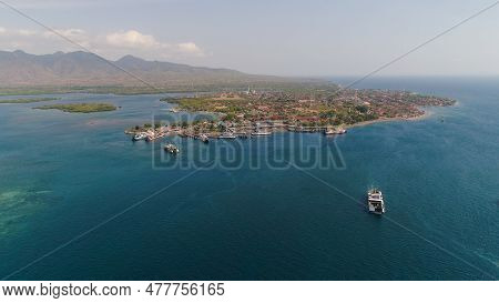 Aerial View Ferry Port Gilimanuk With Ferry Boats, Vehicles. Ferries Transport Vehicles And Passenge