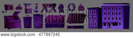 Night Back Alley City Street Cartoon Vector Set. Dark Empty Quiet Alleyway Isolated Objects Collecti