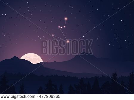 Vector Constellation Hydrus In Dark Purple, Starry Sky. Misty Hills, Rising Moon, Dark Forest, Mount