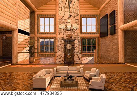 Wide Luxury Cabin Living Room Interior With Ancient Style Wooden Clock, Ceiling Lamp, Sofas Set And 