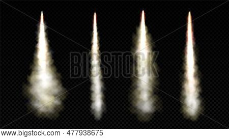 Rocket Launch Smoke Trail With Fire Flame Vector. Isolated Realistic Jet Takeoff Explosion Speed Eff