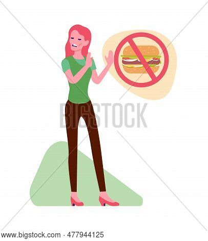 Anorexia Disease. Very Thin Woman Refuses To Eat. Anorexic Girl Rejecting Burger. Food Prohibited Si