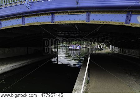 London - 05 28 2022: Underpass Of The Westbourne Terrace Rd Bridge Over The Grand Union Canal In Lit