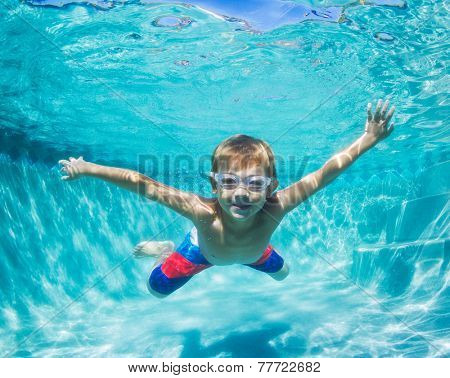 Underwater Young Boy Fun in the Swimming Pool with Goggles. Summer Vacation Fun.
