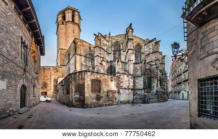 Panorama Of Cathedral Of The Holy Cross And Saint Eulalia, View From Freneria Street, Barcelona, Cat