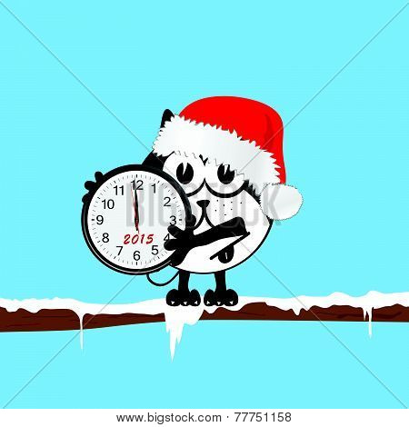 New Year Clock With Cat Color Vector
