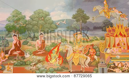 Mural Mythology Buddhist Religion On Wall In Wat Neramit Vipasama, Dansai, Loei, Thailand