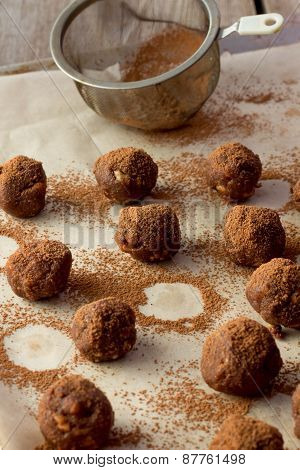 Homemade Fruffle Balls On Wooden Table