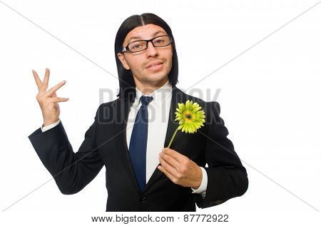 Handsome businessman with flower isolated on white