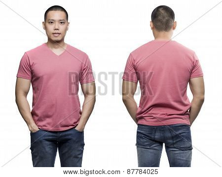 Pink T-shirt On A Young Man Isolated Front And Back-studio Shot