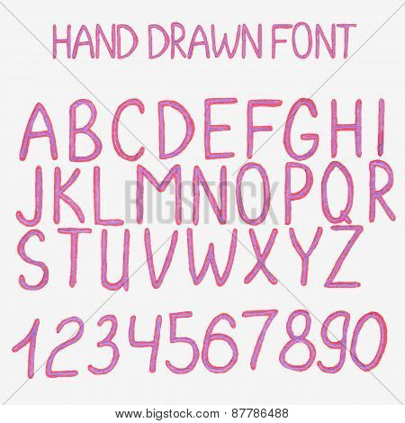 Vector illustration. Hand drawn alphabet with numbers.