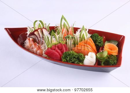 Sashimi Set Isolated On White Background, Japanese Delicacy Consisting Of Very Fresh Raw Meat Or Sea