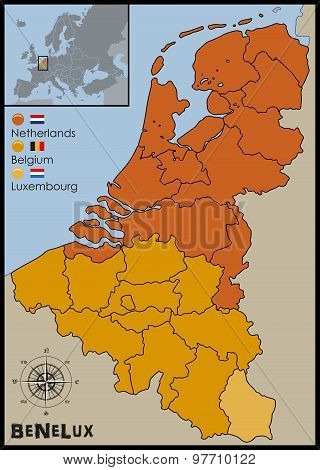 Location, Flags and Map of Benelux