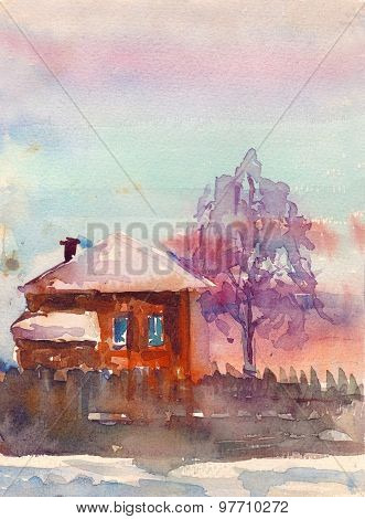 Scenery. Watercolor countryside landscape with house vector illustration