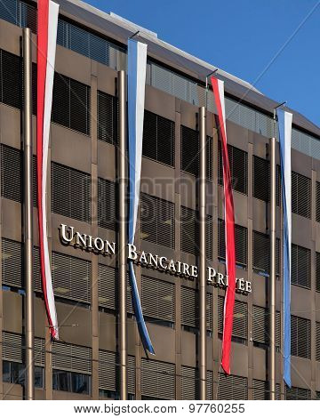 UBP Building Facade Decorated With Flags