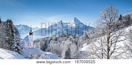 Church Of Maria Gern With Watzmann In Winter, Berchtesgadener Land, Bavaria, Germany