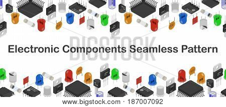 Seamless gorisontal pattern background of Isometric Electronic components. Background of different Electronic components in isometruc style.