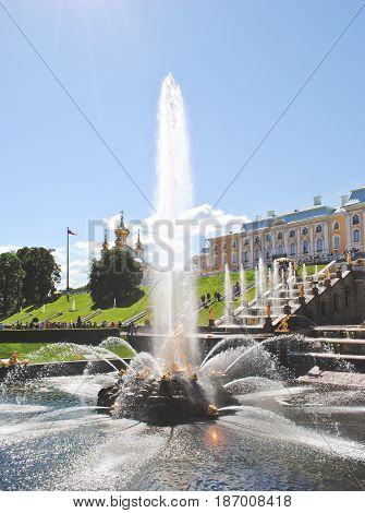 PETERHOF, RUSSIA - May 17, 2017. Grand cascade in Pertergof or Peterhof, known as Petrodvorets from 1944 to 1997. The Peterhof Palace included in the UNESCO's World Heritage List.