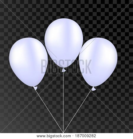 Vector white balloon on a transparent black background. 3d realistic happy holidays flying air helium balloon. Party decorations for birthday, wedding design.